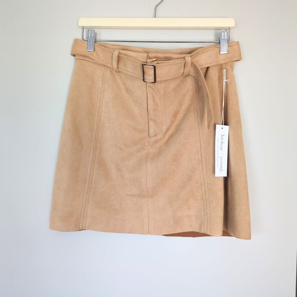 Bishop & Young NWT Chelsea Vegan Faux Suede Skirt Tan Belted Preppy Large
